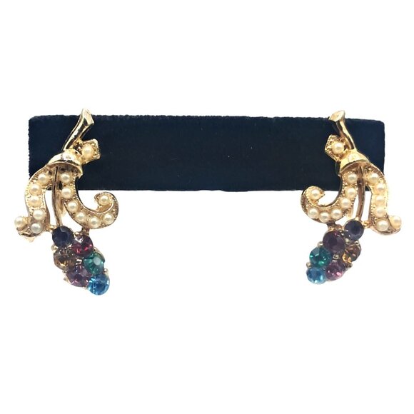 Vintage Rhinestone Jewelry Set Necklace Bracelet Earrings Gold Tone Imitation Pe - Picture 3 of 15